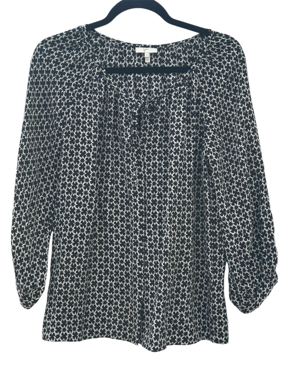 Joie Black &  White Star-Print Tie-Neck Tunic Blouse- SILK